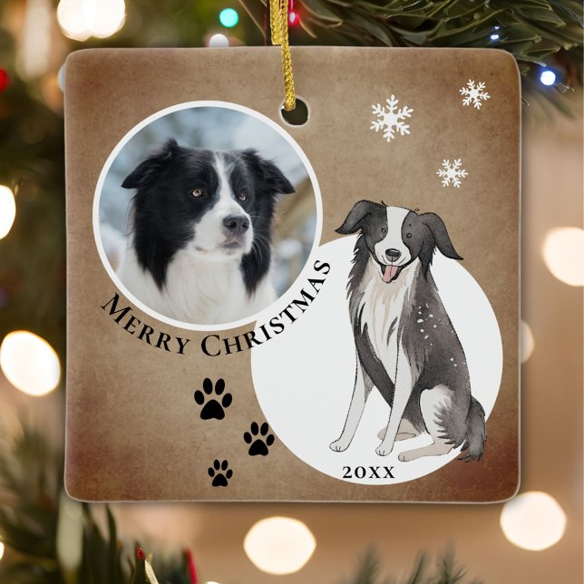 Rustikale Border Collie Zeichnend Paw frohe Weihna Keramikornament (Von Creator hochgeladen)