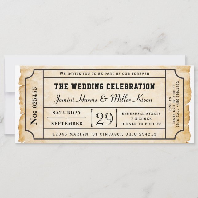 Rustikale Bordkarte Hochzeitsticket Einladung (Vorderseite)