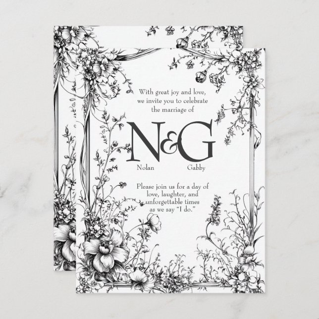 Rustikale Botanica, Schwarz-Weiß-Hand-Dragee Einladung (Vorne/Hinten)