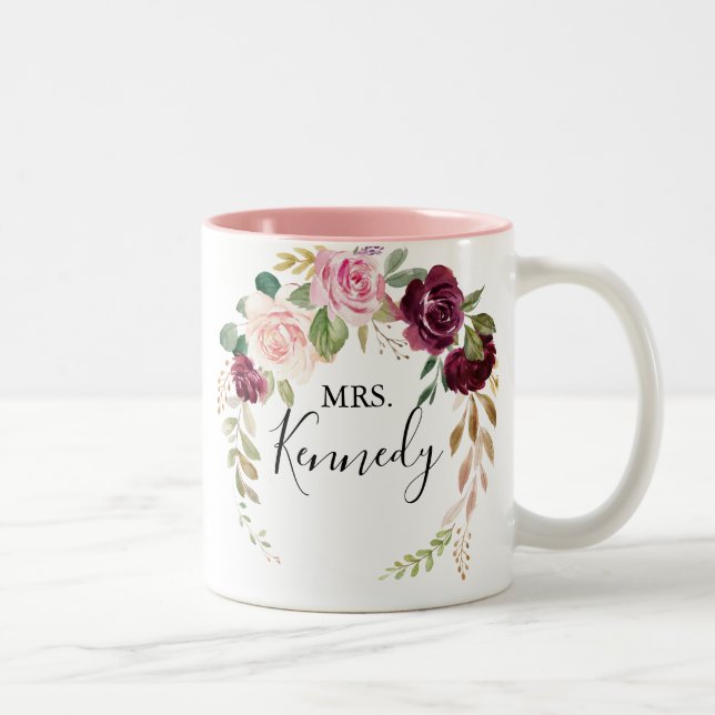 Rustikale botanische Blätter Frau Newlywed Bride Zweifarbige Tasse (Rechts)