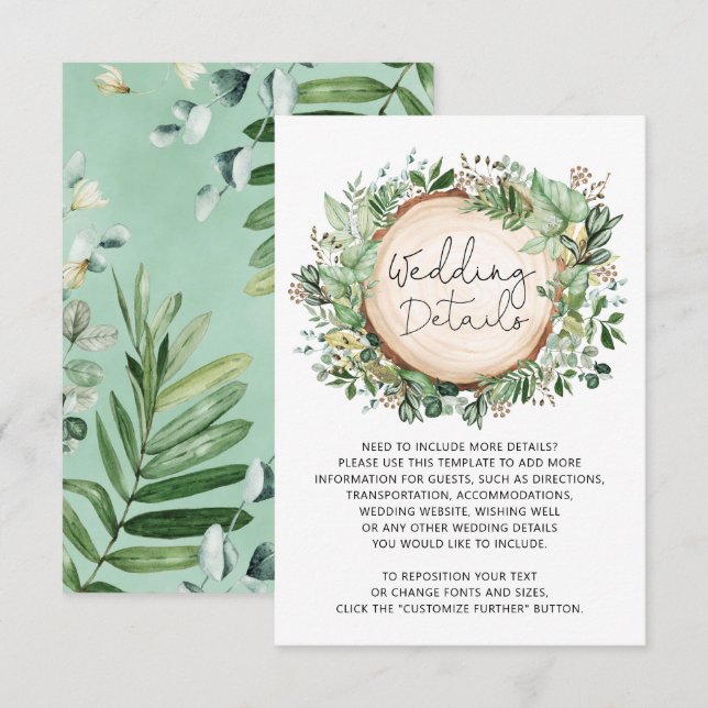 Rustikale botanische Blätter Hochzeiten Details Begleitkarte (Vorne/Hinten)