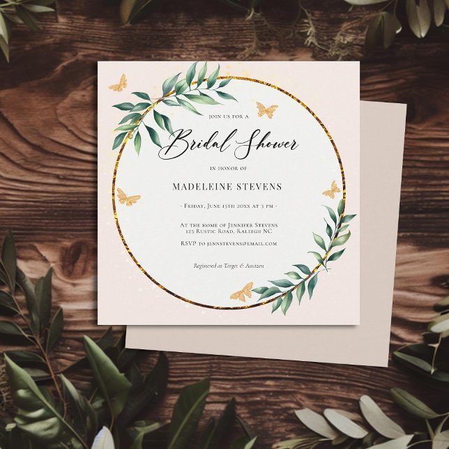 Rustikale Botanische Blattgold-Butterfische Bridal Einladung (rustic simple botanical foliage butterflies bridal shower invitation elegant country barn simple)