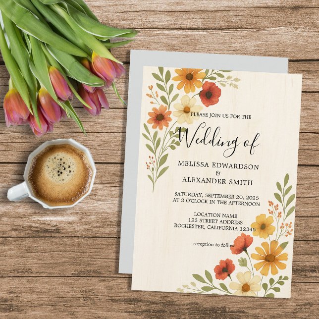 Rustikale botanische Blume Einladung (Rustic botanical watercolor flowers boho wedding invitation.)