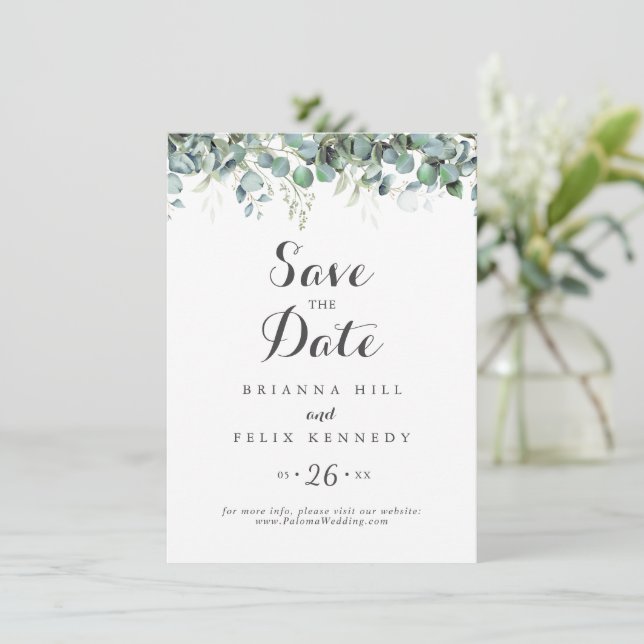Rustikale botanische Eukalyptus-Grünzeug-Hochzeit Save The Date (Stehend Vorderseite)