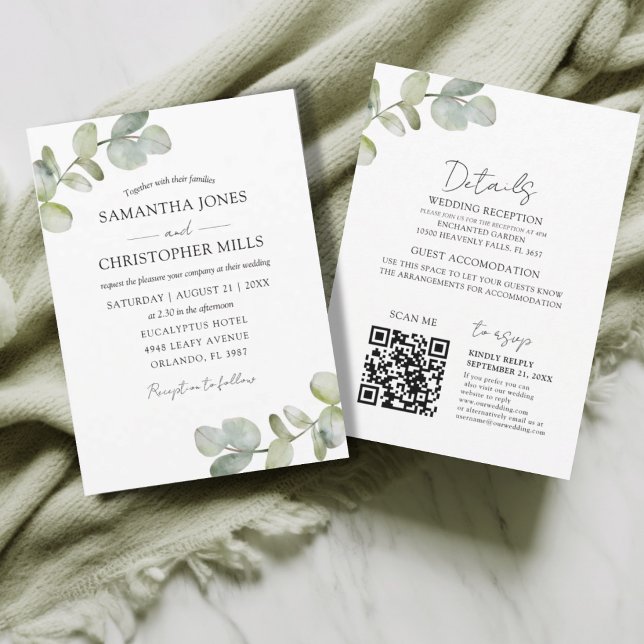 Rustikale Botanische Eukalyptus-QR-Code-Hochzeit Einladung (Von Creator hochgeladen)