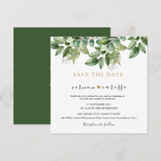 Rustikale botanische grüne und goldene Hochzeit 1 Save The Date