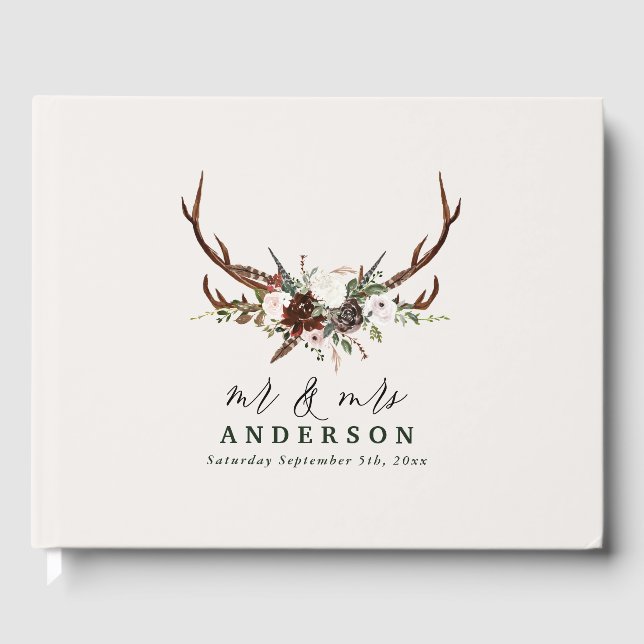 Rustikale botanische Hochzeitsplanposte Gästebuch (Vorderseite)