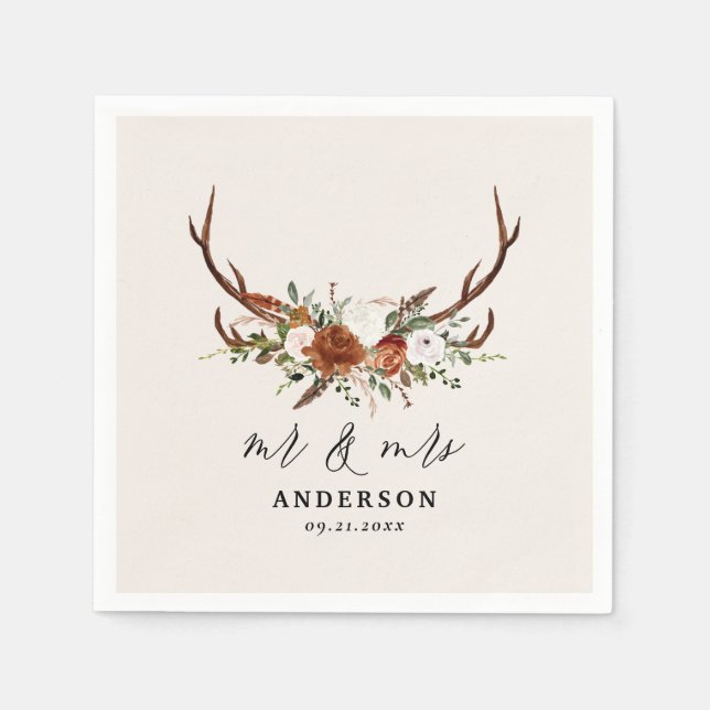 rustikale botanische Hochzeitsschrift für die Rüst Serviette (Vorderseite)