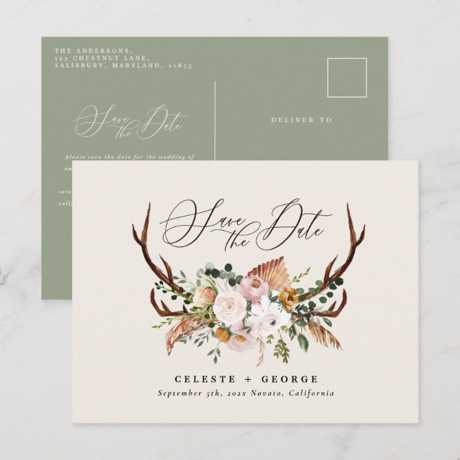 Rustikale Botanische Jungzeit elegantes Weißengrün Ankündigungspostkarte (Vorne/Hinten)