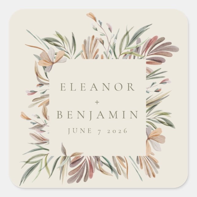 Rustikale Botanische Kreide-Erdsonde Hochzeitssame Quadratischer Aufkleber (Vorderseite)