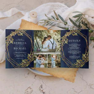 Rustikale Botanische Olive Branch Navy Blue Weddin Dreifach Gefaltete Einladung