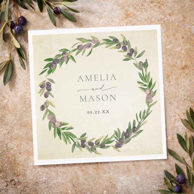 Rustikale botanische Oliven-Kranz-Hochzeitsserviet Serviette (Rustic Botanical Olive Wreath Wedding Napkins)