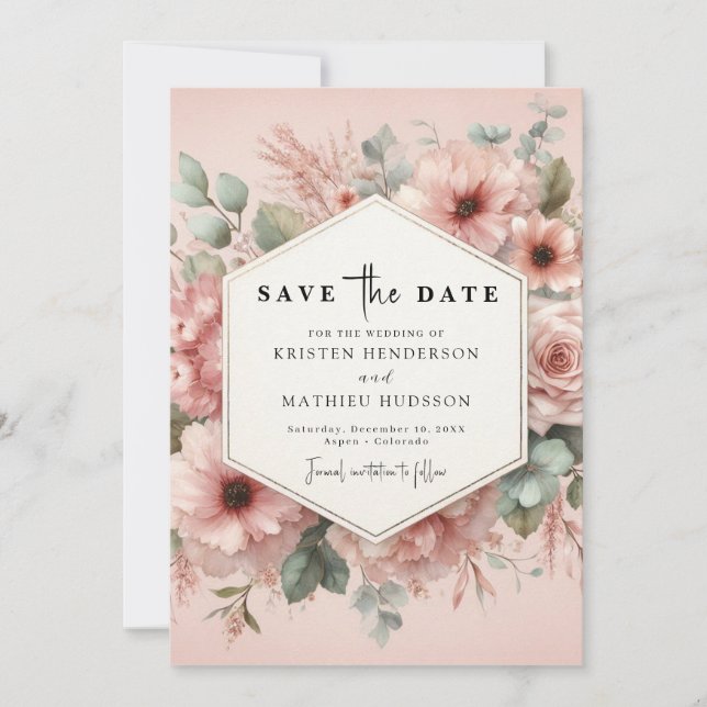 Rustikale Botanische Pink-Blütenhochzeit Save The Date (Vorderseite)
