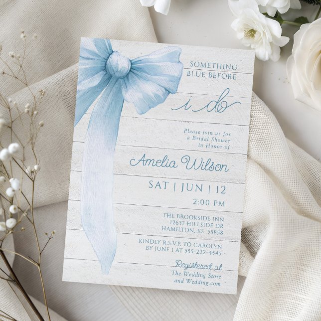 Rustikale Bow Something Blue Brautparty Einladung (Rustic Bow Something Blue Bridal Shower Invitation)