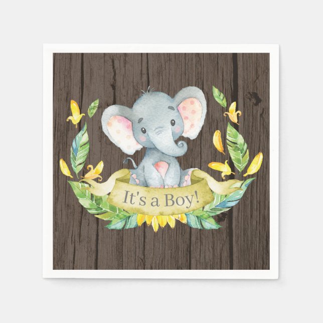 Rustikale Boy Elephant Babydusche Gelb Napkins Serviette (Vorderseite)