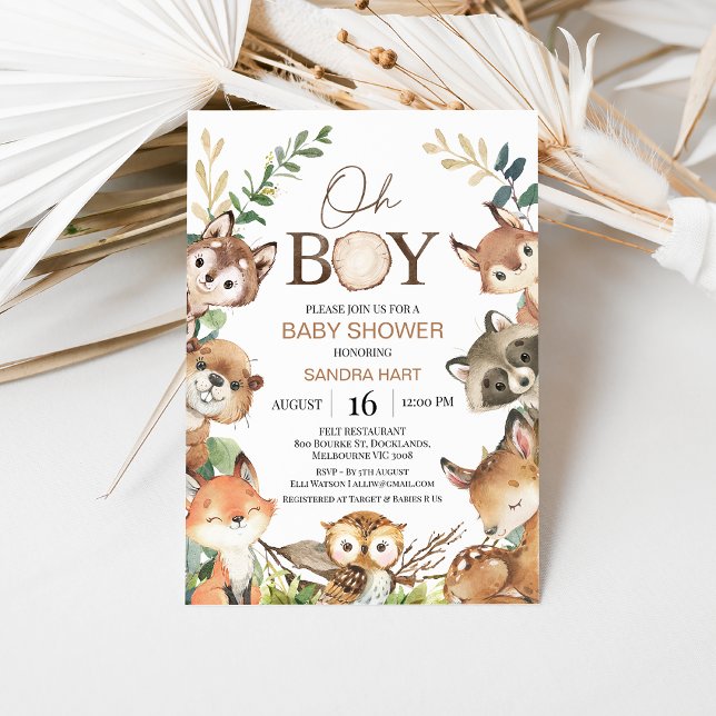 Rustikale Braun Grüne Wasserfarbe Woodland Babydus Einladung (Boy Woodland Baby Shower Invitation, Forest Animals, Watercolour Woodland Animals, Greenery, Oh Boy)