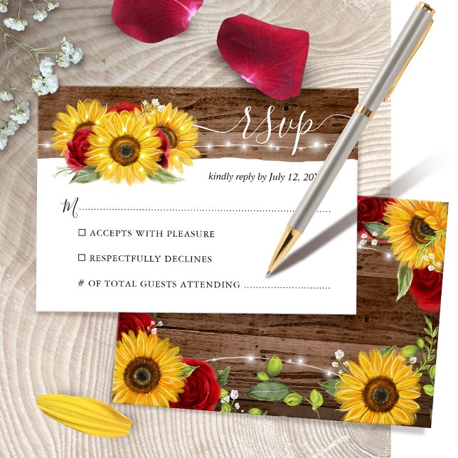 Rustikale Braun-Sonnenblumen und Rote Rose-Hochzei RSVP Karte (Watercolor red rose sunflower wedding RSVP & response cards on a simple DIY template.)