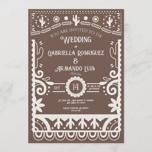 Rustikale Braun-Weiße Hochzeit mit Papel Picado  Einladung (Vorderseite)