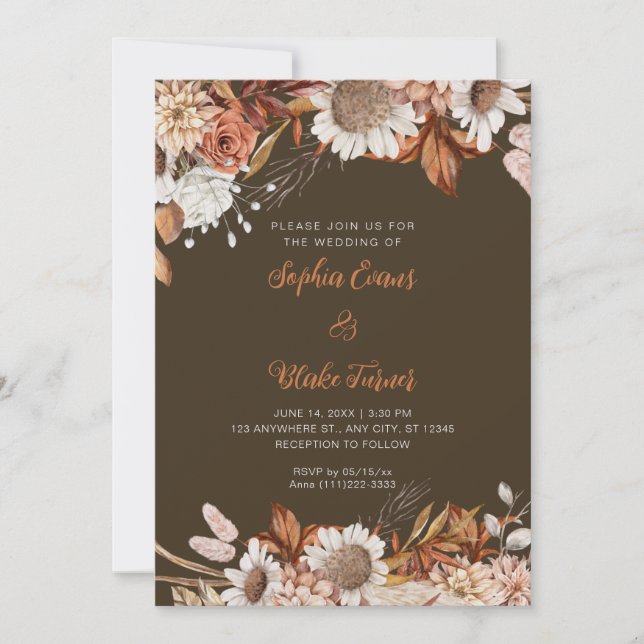 Rustikale braune Blume Boho Wood Brown Wedding Einladung (Vorderseite)