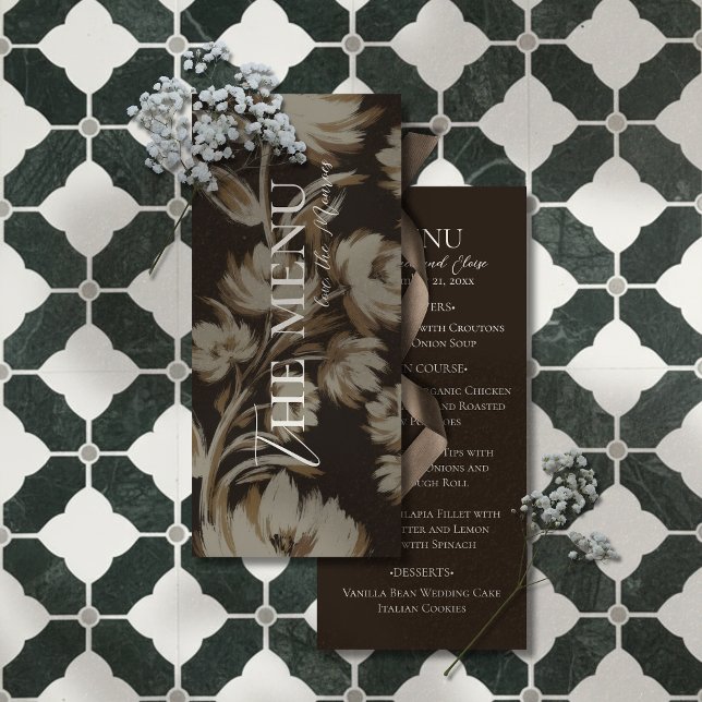 Rustikale braune botanische Hochzeit Menükarte (Elevate your reception table with this Rustic Brown Botanical Pattern Wedding Menu!)