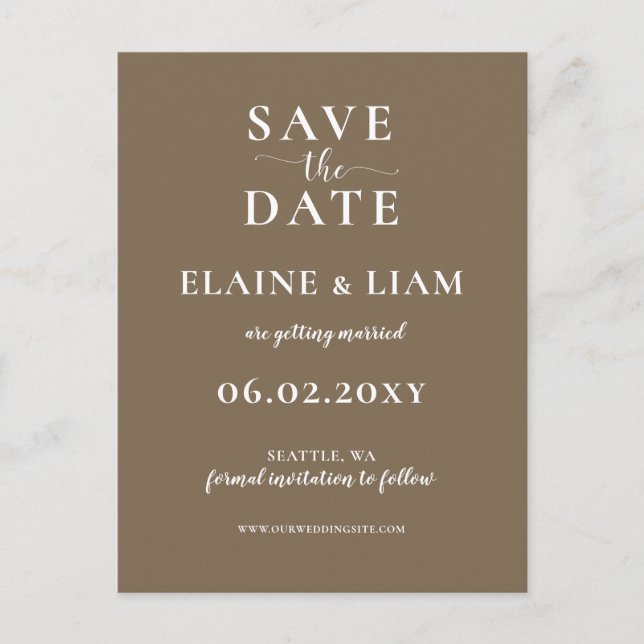 Rustikale Braune einfache Kalligrafie Save the Dat Ankündigungspostkarte (Vorderseite)