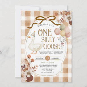 Rustikale braune Gingham-One-Silly-Goose-Geburtsta Einladung