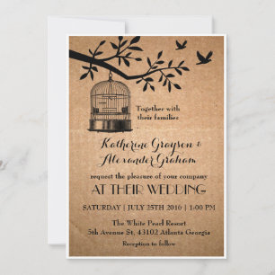 Rustikale braune Papier-Vogelkäfig-Hochzeitseinlad Einladung