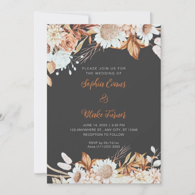 Rustikale braune weiße Blume Boho Gray Wedding Einladung (Vorderseite)