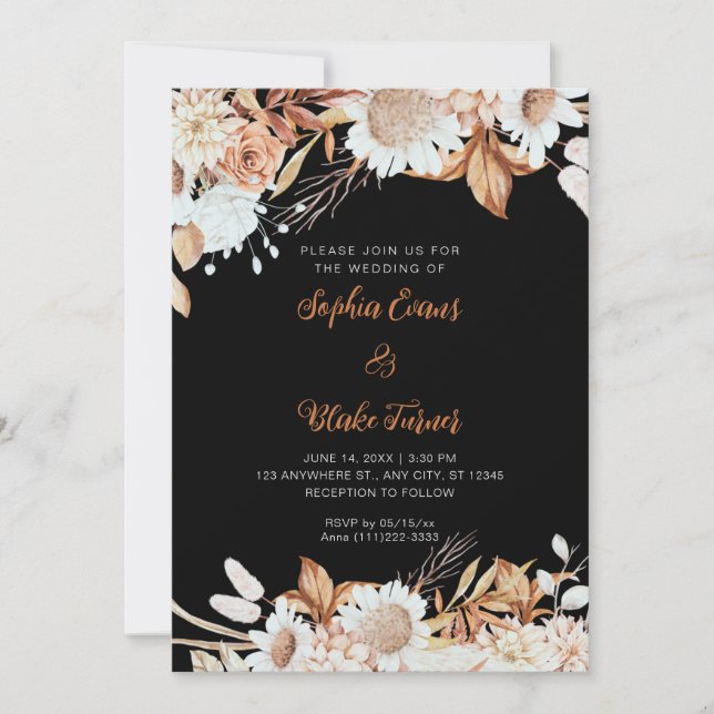 Rustikale braune weiße Blume Boho Gray Wedding Einladung (Vorderseite)