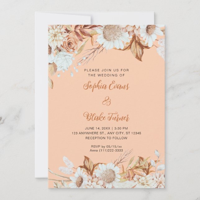 Rustikale braune weiße Blume Boho Orange Wedding Einladung (Vorderseite)