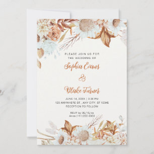 Rustikale braune weiße Blumen Boho Off-White Hochz Einladung