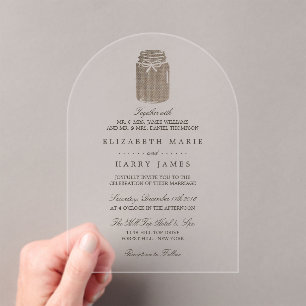 Rustikale Brautkleid-Hochzeit im Mason-Glas Acryleinladungen