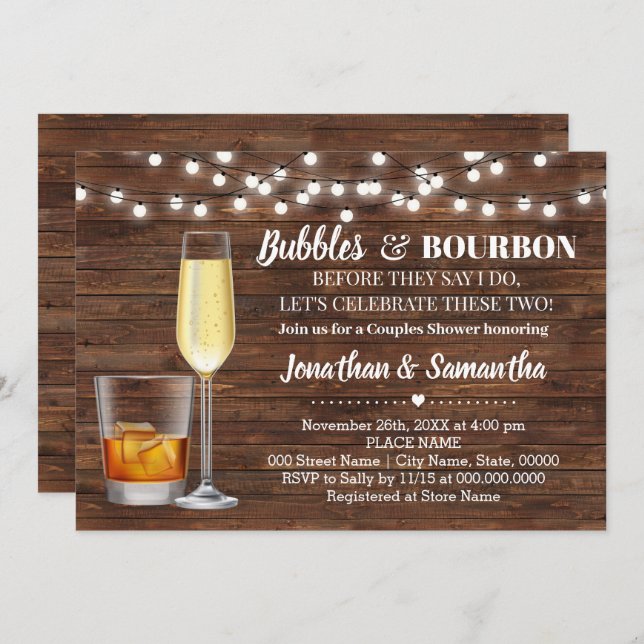 Rustikale Bubbles & Bourbon vor der Hochzeitsfeier Einladung (Vorne/Hinten)