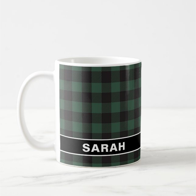 Rustikale Buffalo-Grün-Schwarz-Karo-Name Kaffeetasse (Links)