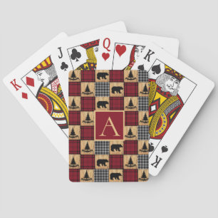 Rustikale Büffel-Karo-Bären Rot-Schwarz-Monogramm Spielkarten