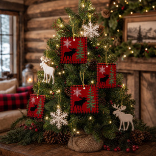 Rustikale Büffel-Karo-Elch-Hütten-Weihnachtsdekora Keramikornament