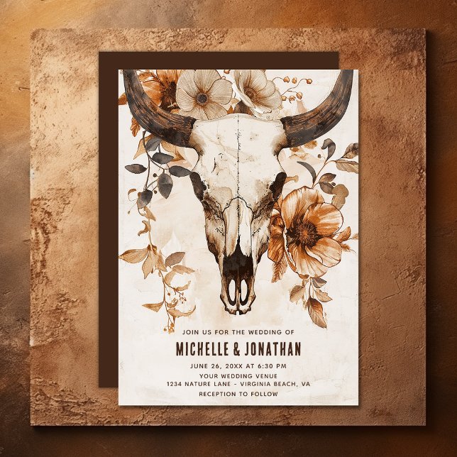 Rustikale Bullkuh Skull Floral Boho Western Hochze Einladung (Rustic Bull Cow Skull and Flowers Boho Western Invitation)
