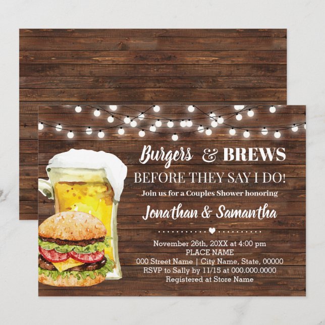 Rustikale Burger & Braun vor dem Duschen für Paare Einladung (Vorne/Hinten)