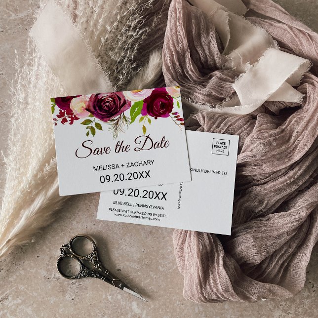 Rustikale Burgund-Blütenkarte Save the Date Postkarte (Von Creator hochgeladen)