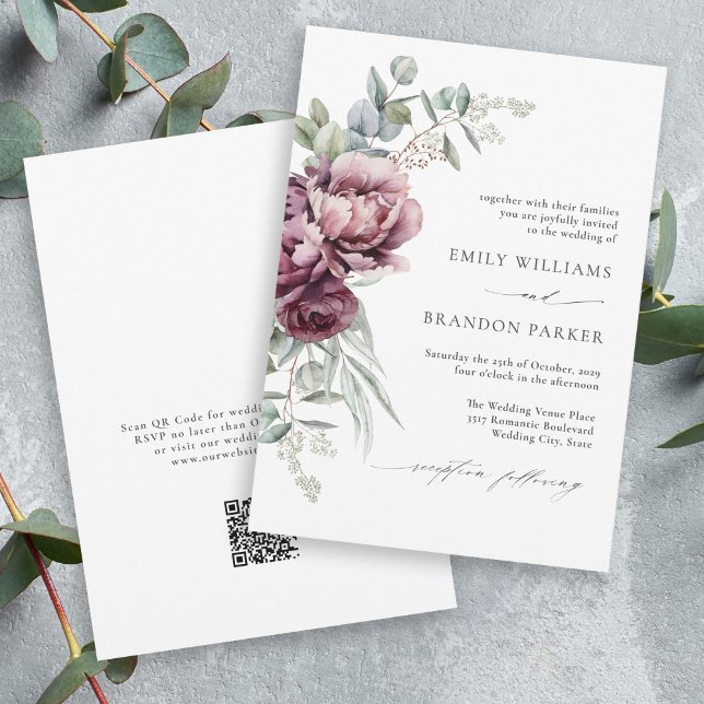 Rustikale Burgund-Floral QR-Hochzeit im Herbst Einladung (Available in both printed and instant download digital formats.)