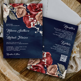 Rustikale Burgund-Rose QR Code Navy Blue Wedding Einladung