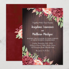 Rustikale Burgund-Rose Wasserfarbenblütenhochzeit Einladung