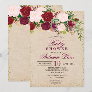 Rustikale Burgunder Blumen Baby Shower Einladung