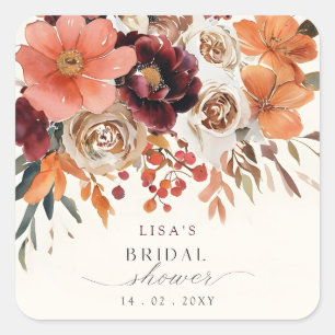 Rustikale Burgunder Blumen Herbst Brautparty Quadratischer Aufkleber
