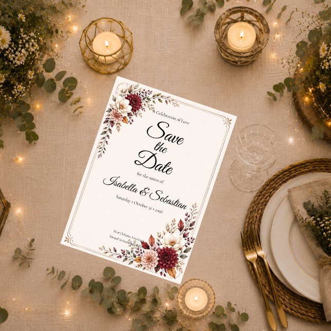 Rustikale Burgunder-Blumenhochzeit Save The Date (Von Creator hochgeladen)