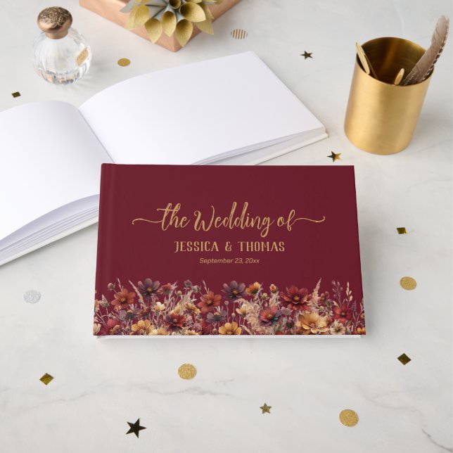 Rustikale Burgunder Boho-Chic-Wildblumen-Hochzeit Gästebuch (Vorderseite Offen)