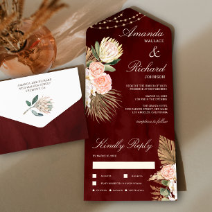 Rustikale Burgunder-Erde Florale Palm-Protea-Hochz All In One Einladung