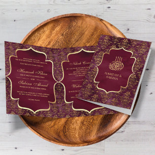 Rustikale burgunder-goldene Damast-Hochzeit Muslim Einladung