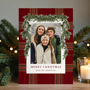 Rustikale Burgunder-Karo-Weihnachtsgrün-Fotografie Feiertagskarte