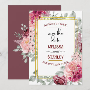 Rustikale Burgunder-Marsala-Rosa-Floral-Hochzeitse Einladung